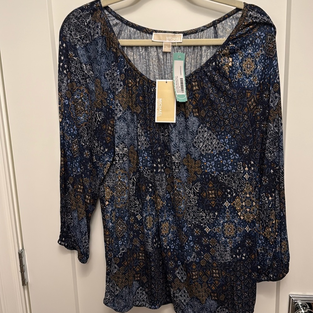 MICHAEL Michael Kors Navy and Gold Patterned Blouse